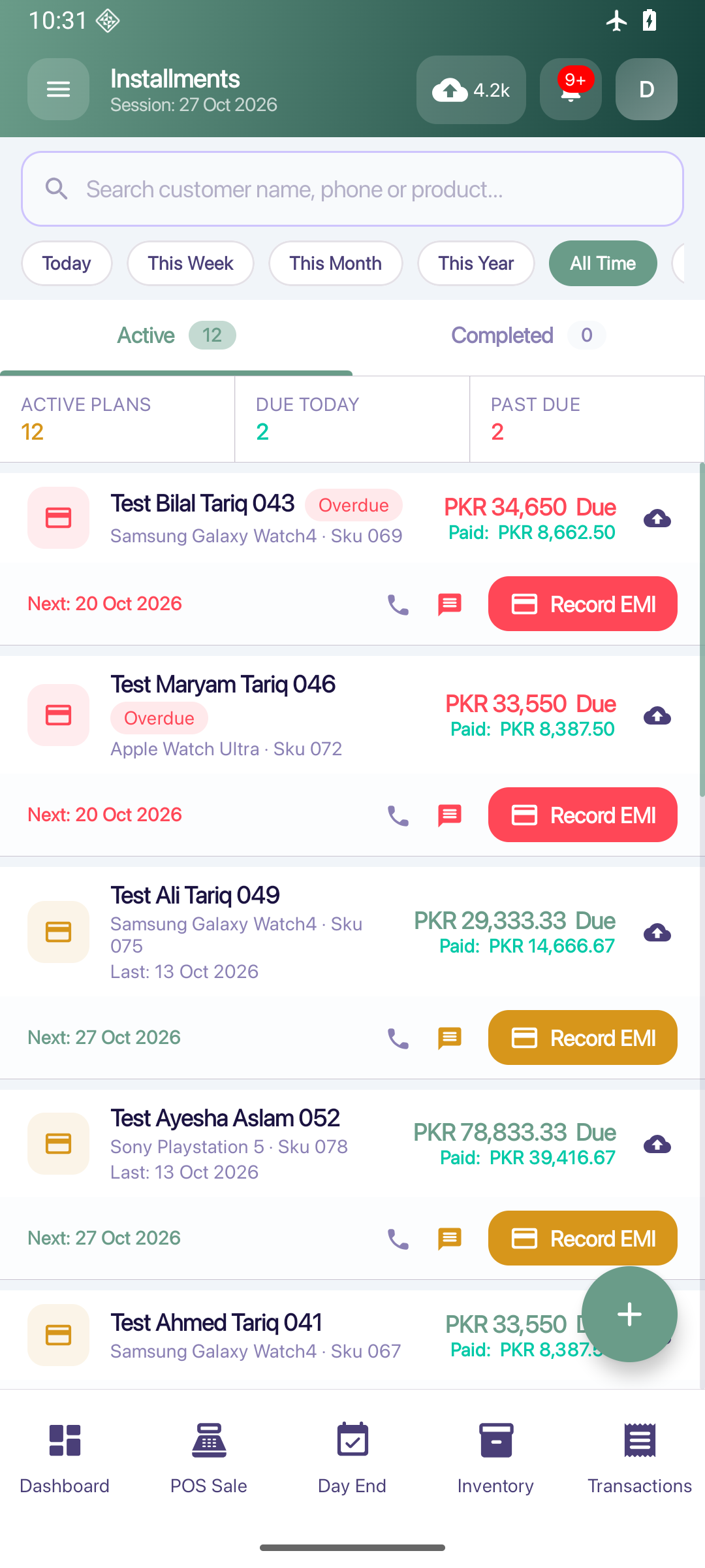 ShopFlow POS installments on Android, fictional demonstration records