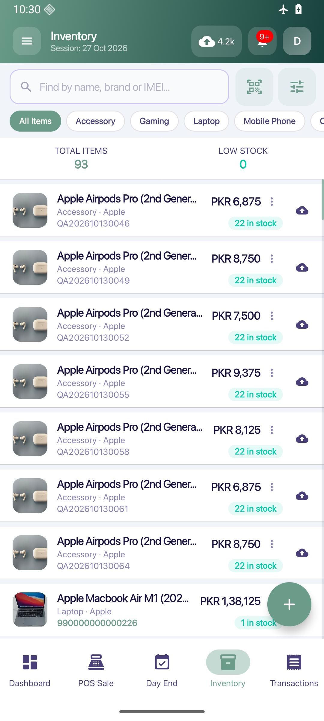 ShopFlow POS inventory on Android, fictional demonstration records