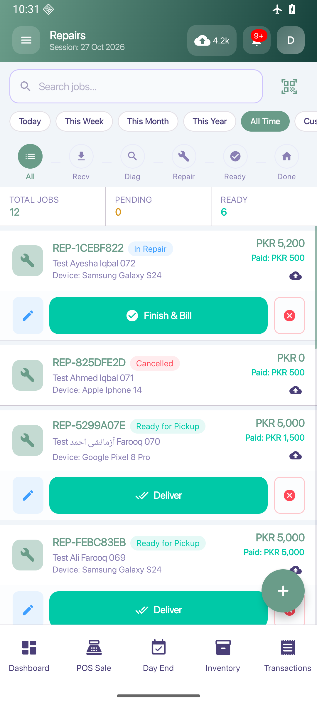 ShopFlow POS repairs on Android, fictional demonstration records