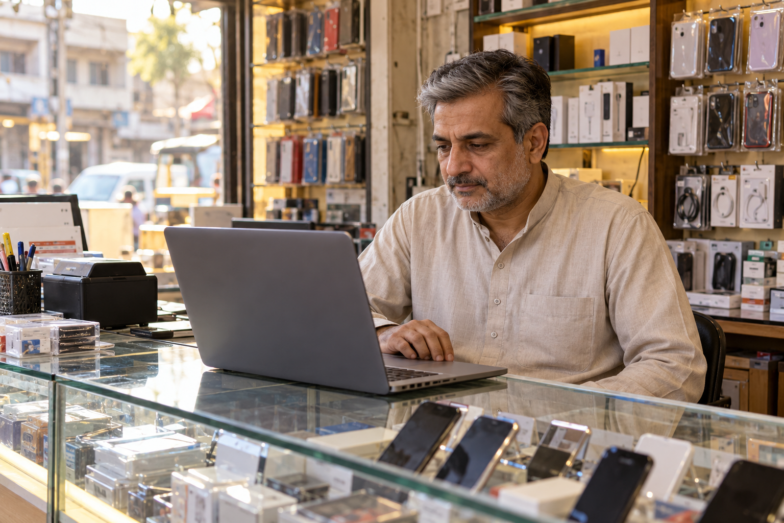 Illustrative shop owner reviewing records at a mobile shop counter